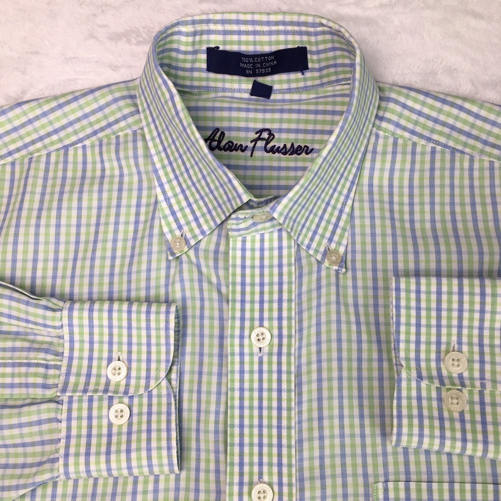 Alan Flusser Men's Medium Green Blue Check Button-Down Long Sleeve Shirt